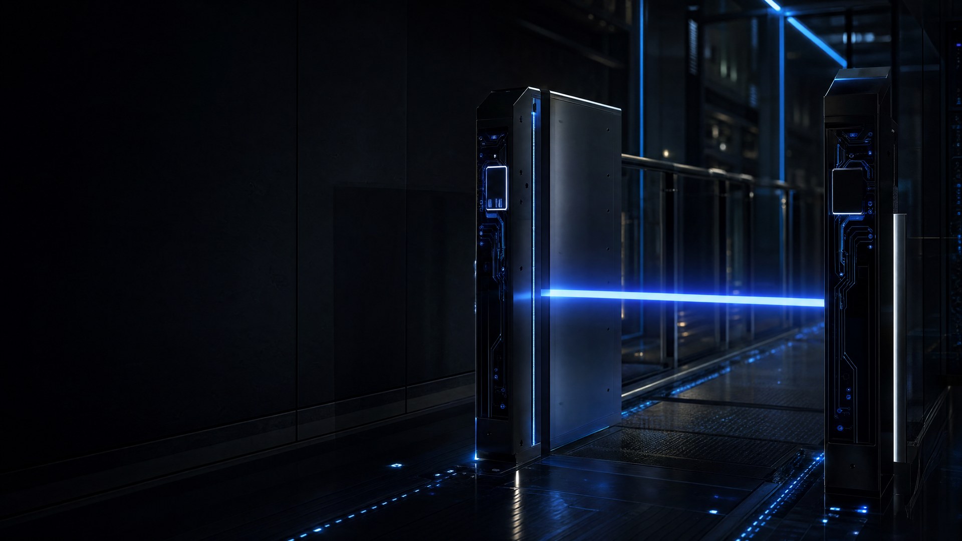 A dark security checkpoint gate lit by a single glowing blue threshold beam